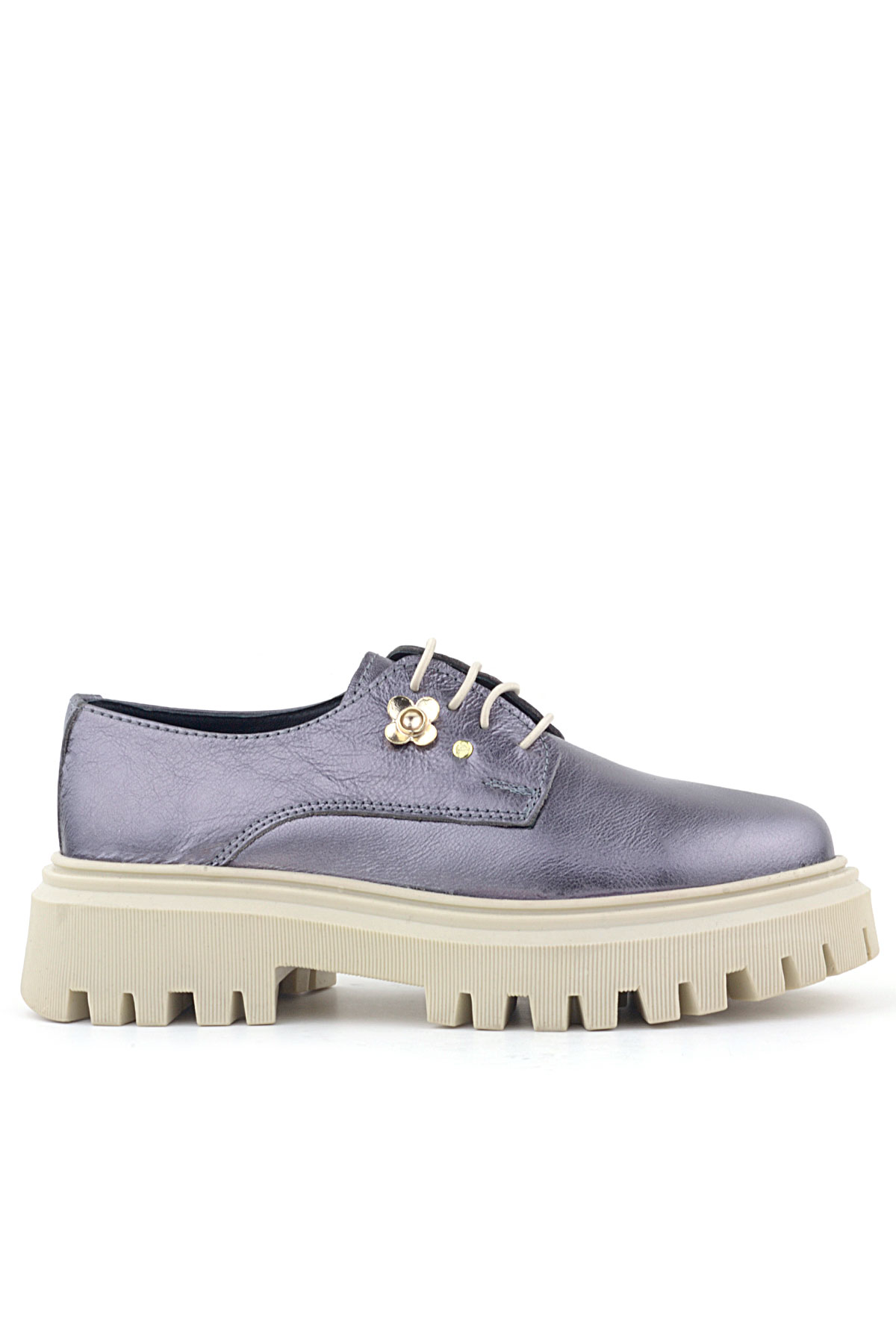 Rakerplus Platin Hakiki Deri Çiçek Detaylı Bağcıklı Oxford Günlük Ayakkabı