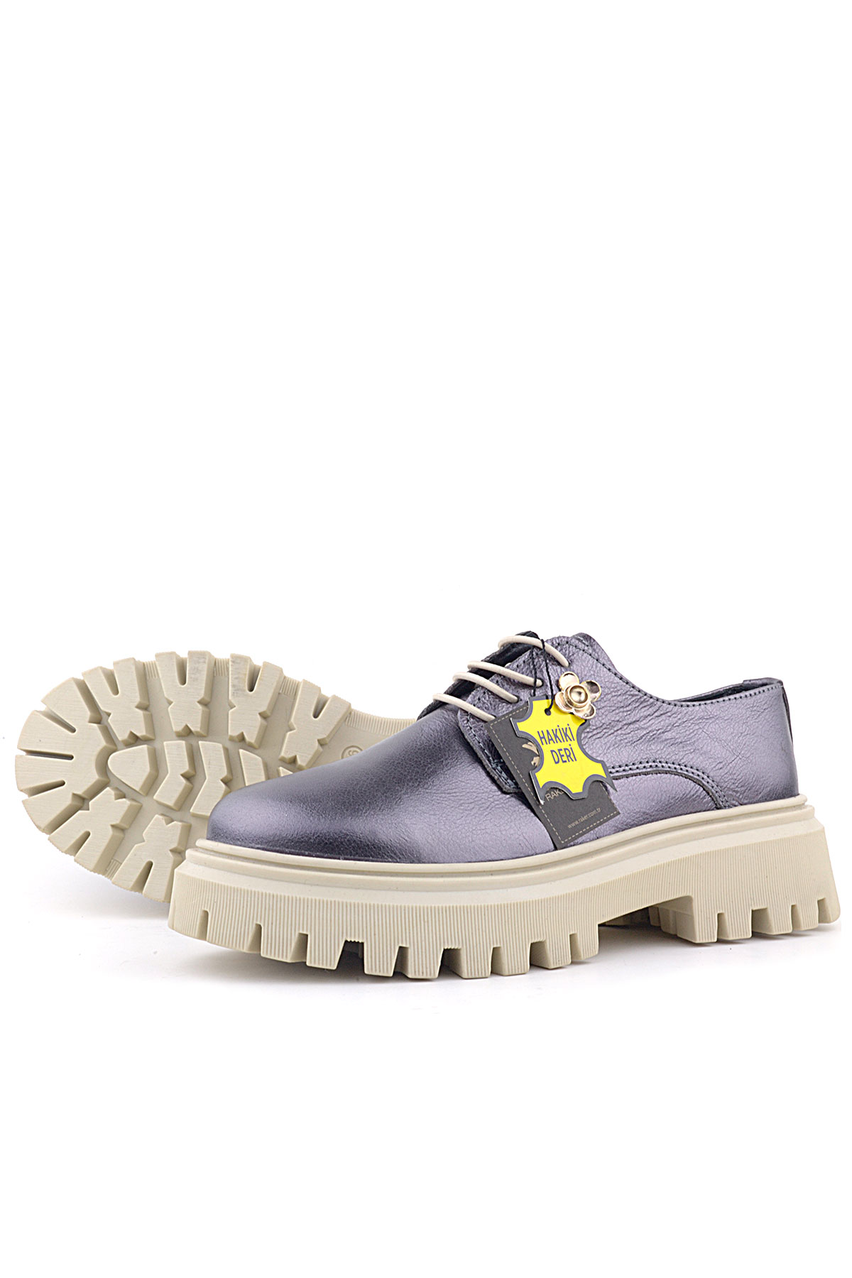 Rakerplus Platin Hakiki Deri Çiçek Detaylı Bağcıklı Oxford Günlük Ayakkabı