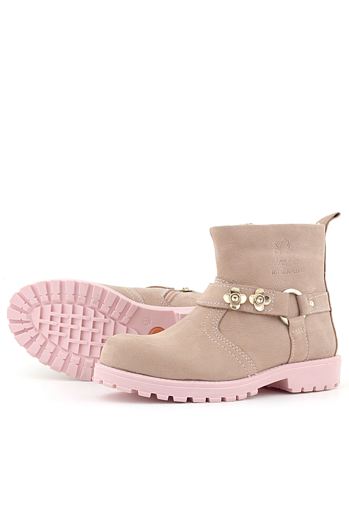 Rakerplus Chiron Hakiki Deri Pembe Fermuarlı Çiçekli Kız Çocuk Bot
